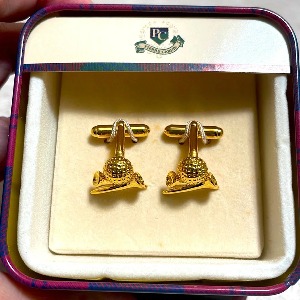 BNWT VINTAGE PIERRE CARDIN “GOLD TONE GOLF BALL & TEES CUFF LINKS IN PLAID TIN